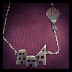 Silver, 9ct gold and copper house and balloon necklace