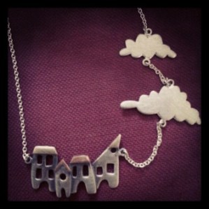 Silver, 9ct gold and copper house and cloud necklace